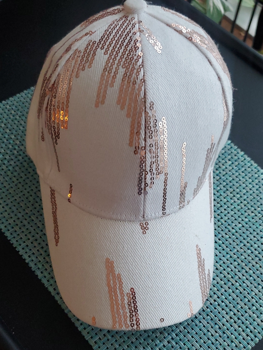 White Denim Baseball Cap with Rose Gold Sequin Accents